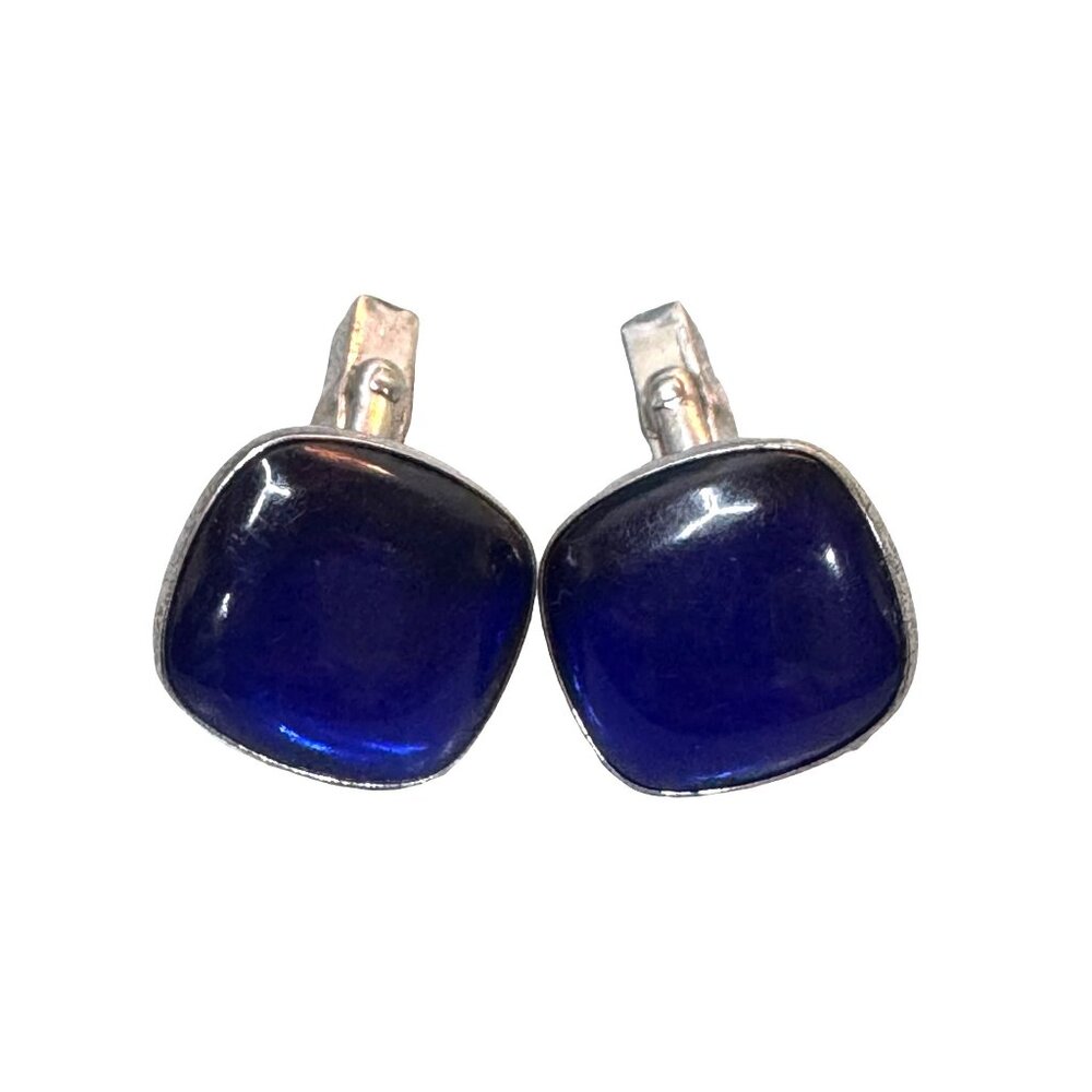 Vintage Signed Swank Sterling Silver & Cobalt Blue Glass Cufflinks Fathers Day